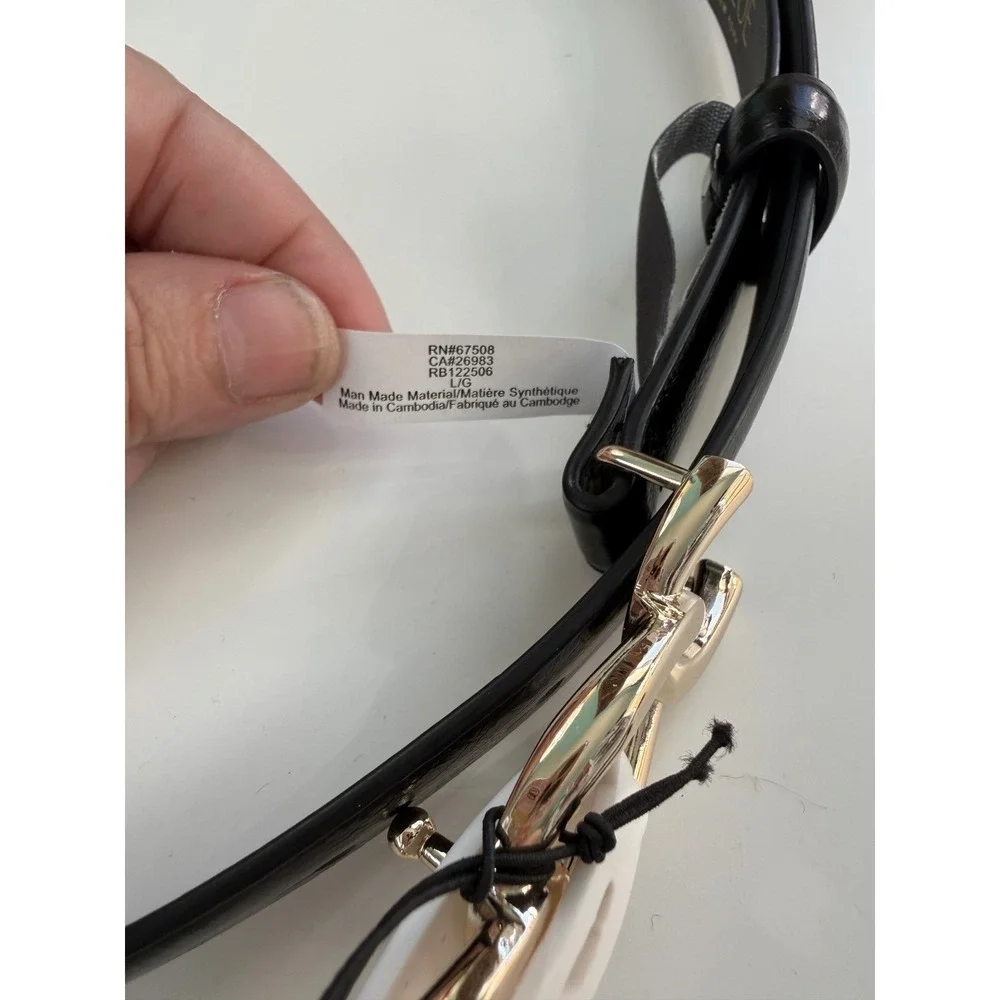 Rachel Zoe Black Leather Belt High Shine Gold Interlocking Chain Link L‎ NWT